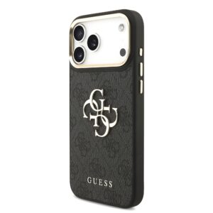 Guess PU Leather 4G Metal Logo Gold Frame dėklas Apple iPhone 18 Pro Max juodos spalvos