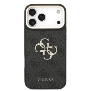 Guess PU Leather 4G Metal Logo Gold Frame dėklas Apple iPhone 18 Pro Max juodos spalvos - Image 2