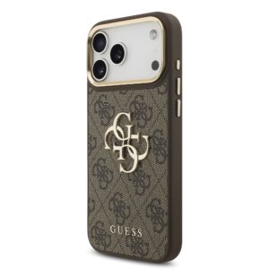 Guess PU Leather 4G Metal Logo Gold Frame dėklas Apple iPhone 18 Pro Max rudos spalvos