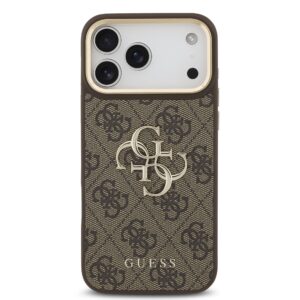 Guess PU Leather 4G Metal Logo Gold Frame dėklas Apple iPhone 18 Pro Max rudos spalvos - Image 2