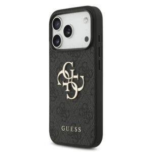 Guess PU 4G Metal Logo dėklas Apple iPhone 18 Pro pilkos spalvos