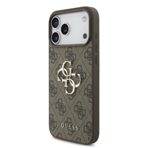 Guess PU 4G Metal Logo dėklas Apple iPhone 18 Pro rudos spalvos