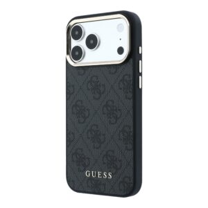Guess PU Leather 4G Gold Frame MagSafe dėklas Apple iPhone 18 Pro juodos spalvos