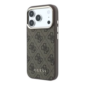 Guess PU Leather 4G Gold Frame MagSafe dėklas Apple iPhone 18 Pro rudos spalvos