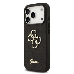 Guess PU Fixed Glitter 4G Metal Logo dėklas Apple iPhone 18 Pro juodos spalvos