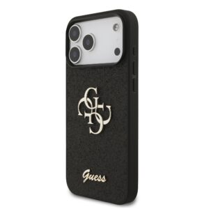 Guess PU Fixed Glitter 4G Metal Logo dėklas Apple iPhone 18 Pro Max juodos spalvos