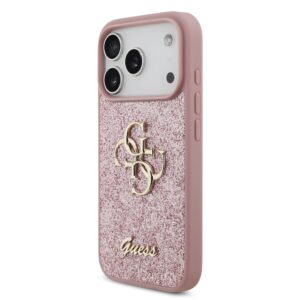 Guess PU Fixed Glitter 4G Metal Logo dėklas Apple iPhone 18 Pro rožinės spalvos