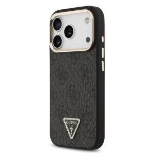 Guess PU Leather 4G Strass Triangle Logo Gold Frame MagSafe dėklas Apple iPhone 18 Pro juodos spalvos