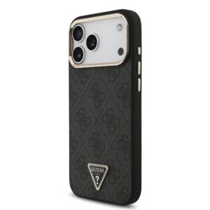 Guess PU Leather 4G Strass Triangle Logo Gold Frame MagSafe dėklas Apple iPhone 18 Pro Max juodos spalvos