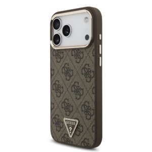 Guess PU Leather 4G Strass Triangle Logo Gold Frame MagSafe dėklas Apple iPhone 18 Pro Max rudos spalvos