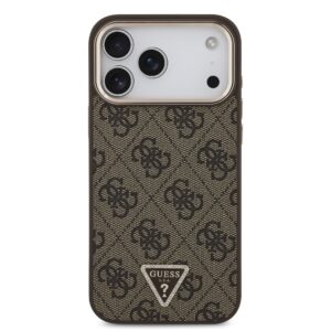 Guess PU Leather 4G Strass Triangle Logo Gold Frame MagSafe dėklas Apple iPhone 18 Pro Max rudos spalvos - Image 2
