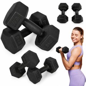 Šešiakampių hantelių rinkinys 2x5 kg treniruočių svoriai fitneso svoriai juodi MOVEPRO