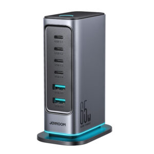 Joyroom JR-TCM02 GaN 65W įkroviklis įkrovimo stotelė 4xUSB-C 2xUSB-A UK kištukas - pilkas