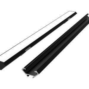LED profilio komplektas, 2m, kampinis, juodas, su baltu dangteliu, laikikliais ir aklėmis
