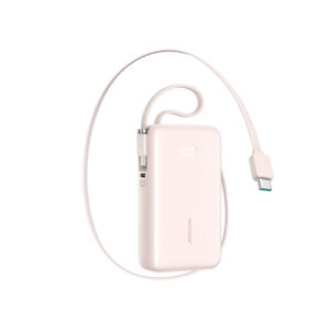 Joyroom JR-PR2L 10000mAh 35W išorinė baterija su integruotu ištraukiamu USB-C laidu ir USB-C dirželiu-laidu – Rožinė