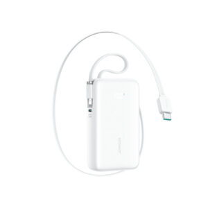 Joyroom JR-PR2L 10000mAh 35W išorinė baterija su integruotu ištraukiamu USB-C laidu ir Lightning dirželiu-kabeliu – Balta