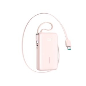 Joyroom JR-PR2L 10000mAh 35W išorinė baterija su integruotu ištraukiamu USB-C laidu ir Lightning dirželiu-laidu – Rožinė