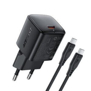 Acefast A118 30W GaN USB-C sieninis įkroviklis su USB-C – USB-C laidu 1.2m – Juodas