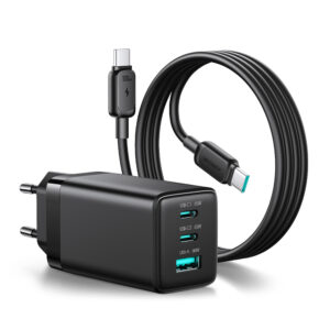 Joyroom JR-TG10 65W GaN 2x USB-C + USB-A sieninis įkroviklis su 100W USB-C – USB-C 1,2 m laidu – juodas