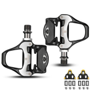 Rockbros LP-RD2BK Shimano SPD-SL plento dviračio pedalai su geltonais fiksatoriais – juodi ir sidabriniai
