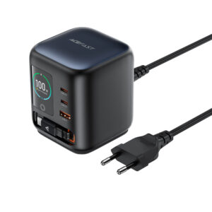 Acefast Z10 GaN 100W 3xUSB stalinis įkroviklis su ištraukiamu USB-C laidu ir TFT ekranu – juodas