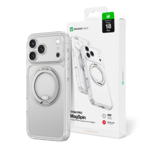 AmazingThing Titan Pro Spin objektyvo dėklas, skirtas iPhone 18 Pro su besisukančiu žiedu ir dirželio laikikliu, suderinamas su MagSafe – skaidrus