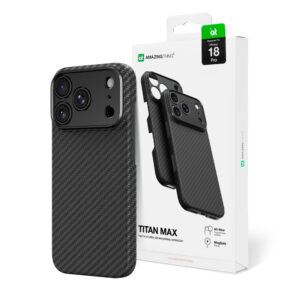AmazingThing Titan Max dėklas su objektyvo apsauga, skirtas iPhone 18 Pro, pagamintas iš aramido pluošto, suderinamas su MagSafe – juodas