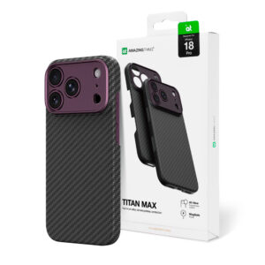 AmazingThing Titan Max apsauginis dėklas objektyvui, skirtas iPhone 18 Pro, pagamintas iš aramido pluošto su kameros dangteliu, suderinamas su MagSafe – violetinis