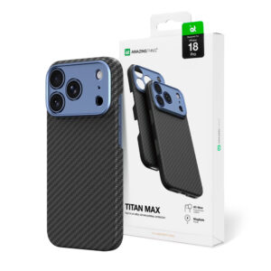 AmazingThing Titan Max dėklas su objektyvo apsauga, skirtas iPhone 18 Pro, iš aramido pluošto, suderinamas su MagSafe – mėlynas