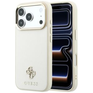 Guess Saffiano Small 4G & Classic Logo MagSafe dėklas, skirtas iPhone 18 Pro / 17 Pro – smėlio spalvos