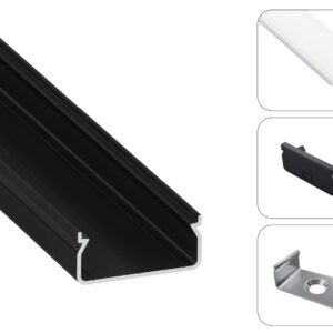 LED profilio komplektas EGEN paviršinis platus, juodas, anoduotas, matinis dangtelis  3 m