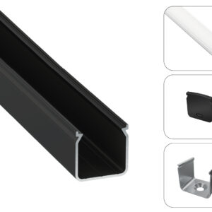 LED profilio komplektas HELSE paviršinis aukštas, juodas, anoduotas, matinis dangtelis 2.02 m