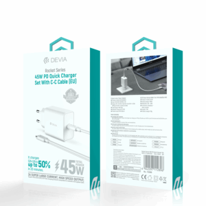 Devia sieninis įkroviklis Rocket PD 45W 1x USB-C baltas + laidas USB-C - USB-C - Image 4