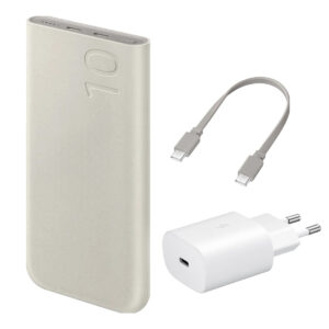 Originalus išorinės baterijos rinkinys | Samsung Galaxy išorinė baterija 10.000 mAh - 2x USB-C - smėlio spalvos + Samsung 25 vatų USB-C adapteris - baltas