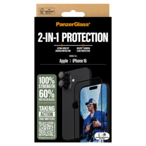 PanzerGlass 2-in-1 rinkinys – „Ultra-Wide Fit“ antibakterinė ekrano apsauga su aplikatoriumi + fotoaparato apsauga, skirta iPhone 16