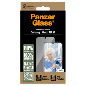 PanzerGlass Ultra-Wide Fit antibakterinė ekrano apsauga su aplikatoriumi, skirta Samsung Galaxy A26