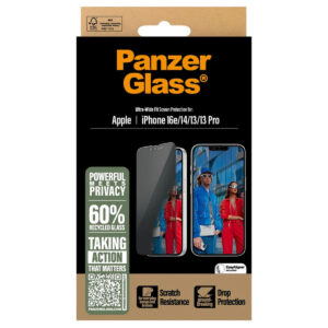 PanzerGlass Ultra Wide Fit antibakterinis ekrano apsauginis stiklas su privatumo filtru ir aplikatoriumi, skirtas iPhone 17e / 16e / 14 / 13 / 13 Pro