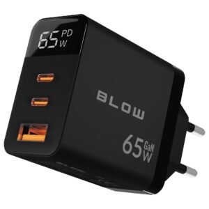 LCD sieninis įkroviklis, USB lizdas + USB-Cx2 PD 65W GAN juodas vatmetras