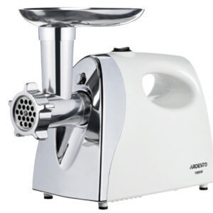 ARDESTO Mėsos malūnėlis, 1800W, našumas 2kg/min, 3 pjaustymo diskai + priedai dešrelėms, pomidorų sulčiaspaudė, plastikas, balta-sidabrinė