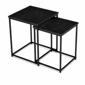 Kvadratiniai išskleidžiami kavos staliukai, 2-in-1 komplektas, lofto stiliaus, juodas marmuras ModernHome - Image 6