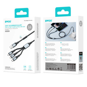BWOO 3-in-1 laidas USB – USB-C, Lightning, Micro USB 1m 3A X274 juodas - Image 6