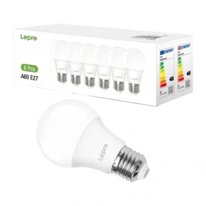 LEPRO 100090-DW-EU-6 LED Bulb, E27, A60, 8.5W 60W, 806 lm, 6500K cool baltos spalvos, 180°, 6-pack