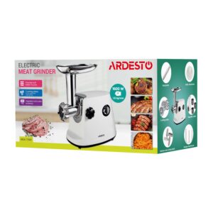 ARDESTO Mėsos malūnėlis, 1600W, našumas-1.6kg/min, 3 pjaustymo diskai+dešrelių gaminimo antgaliai, 3 daržovių pjaustyklės, plastikas, balta-sidabrinė - Image 2