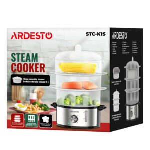 ARDESTO Garų puodas 800W, dubuo-3.4/3.4/3.4l, vandens talpykla-1l, mechaninis valdymas, 3 aukštai, plastikas, juodas - Image 6