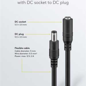 DC maitinimo kabelio ilgiklis 5m 5.5x2.5mm juodas 2x0.5 mm² max 24VDC 120W