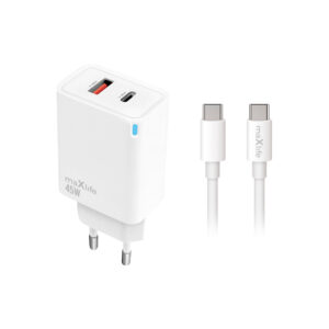 Maxlife MXTC-09-45AC PD QC įkroviklis 1x USB-C 1x USB 45W baltas + USB-C - USB-C laidas 2.0m 60W