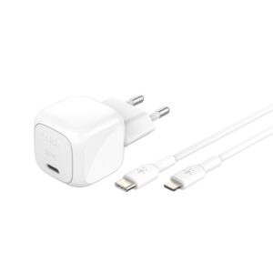 Belkin BoostCharge kompaktiškas USB-C įkroviklis 30W su USB-C į Lightning laidu – 1 metras – Baltas