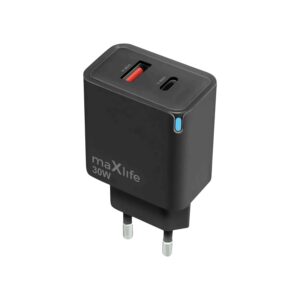 Maxlife MXTC-09-30AC GaN PD QC įkroviklis 1x USB-C 1x USB 30W juodas