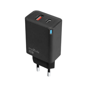 Maxlife MXTC-09-45AC GaN PD QC įkroviklis 1x USB-C 1x USB 45W juodas