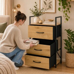 3 stalčių komoda su medžiaginiais stalčiais lentyna cm tekstilinis organizatorius loft ModernHome - Image 8